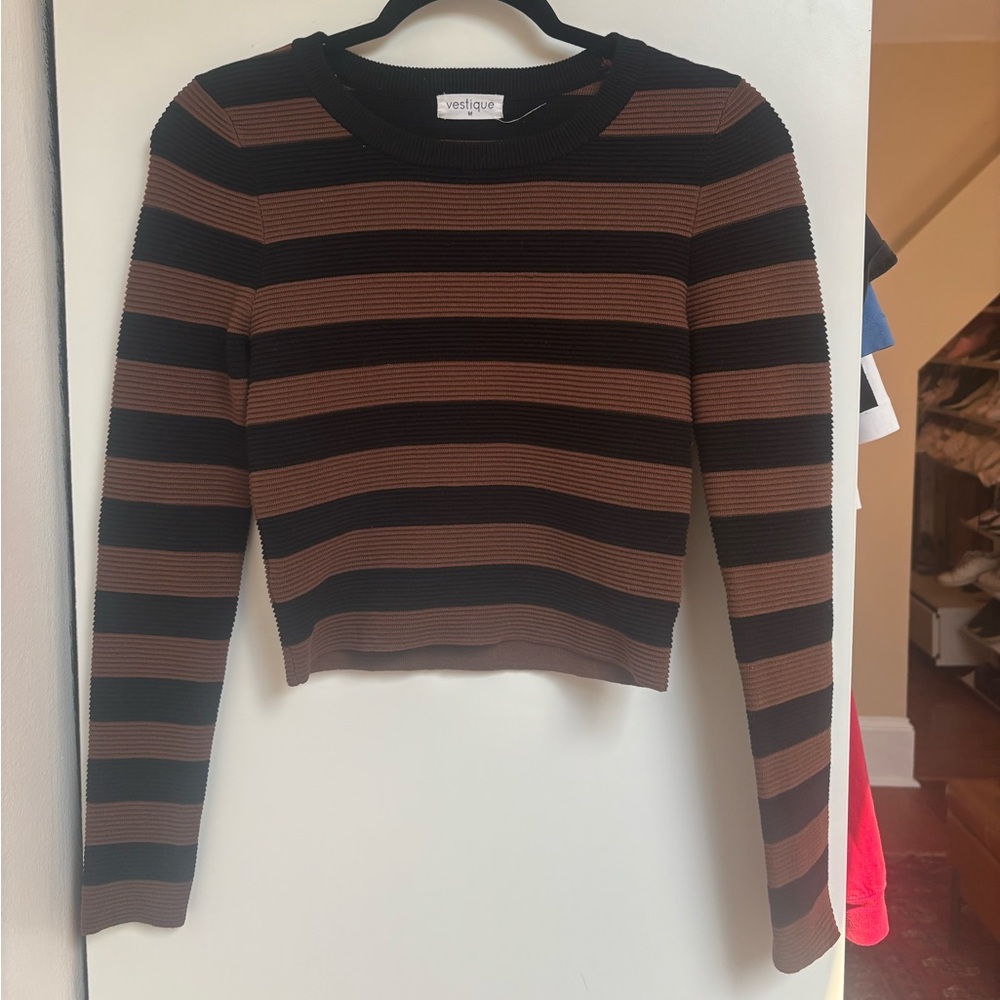 Vestique Black and Brown Striped Long Sleeve Top